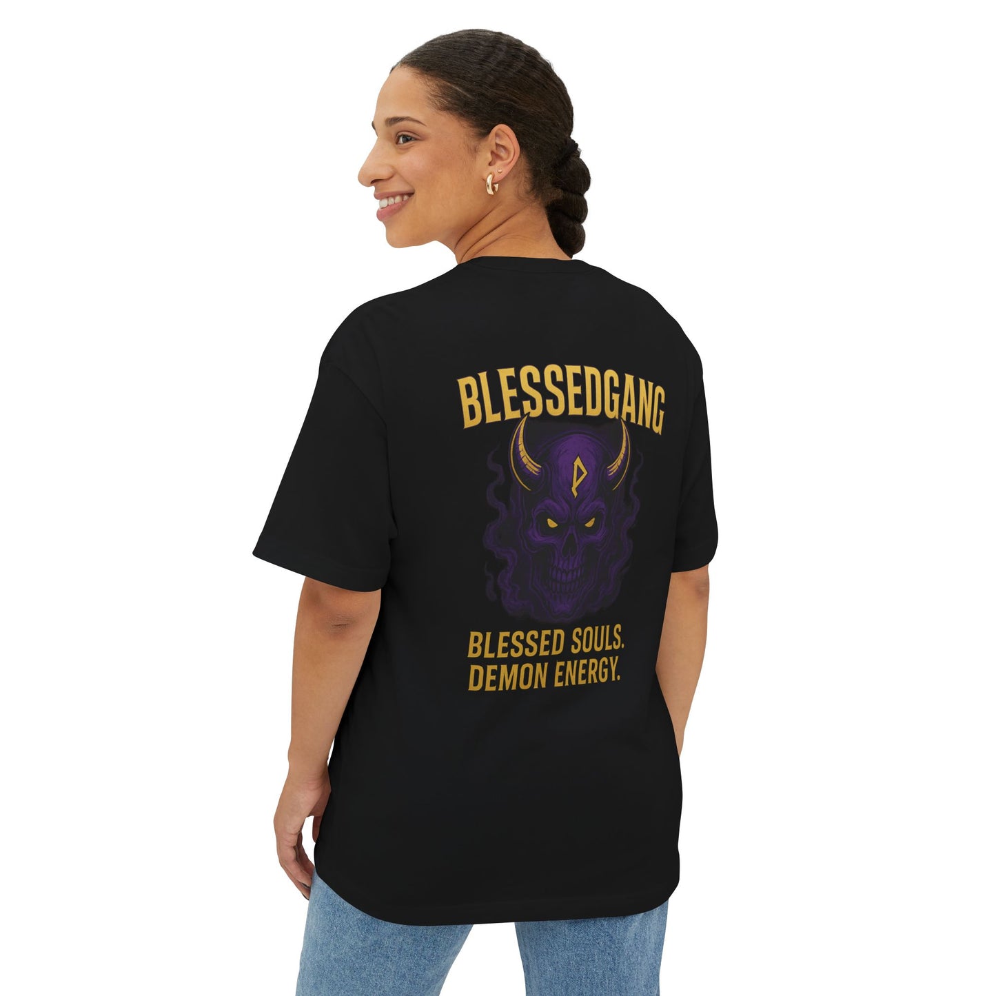 Unisex Oversized Graphic Tee, Blessed Gang Demon Energy Shirt, Casual Streetwear, Gift for Friends, Festival Wear