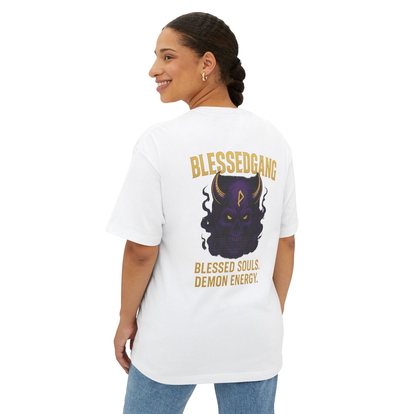 Unisex Oversized Graphic Tee, Blessed Gang Demon Energy Shirt, Casual Streetwear, Gift for Friends, Festival Wear